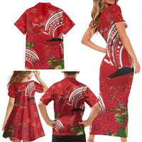 Personalized Mele Kalikimaka Hawaii Family Matching Short Sleeve Bodycon Dress and Hawaiian Shirt I'iwi Bird With Ohia Lehua - Red Color LT14 - Polynesian Pride