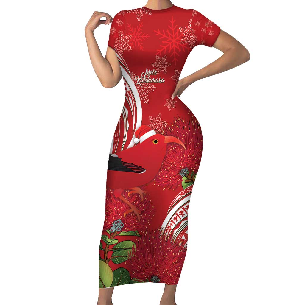 Personalized Mele Kalikimaka Hawaii Family Matching Short Sleeve Bodycon Dress and Hawaiian Shirt I'iwi Bird With Ohia Lehua - Red Color LT14 Mom's Dress Red - Polynesian Pride