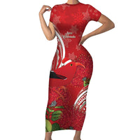 Personalized Mele Kalikimaka Hawaii Family Matching Short Sleeve Bodycon Dress and Hawaiian Shirt I'iwi Bird With Ohia Lehua - Red Color LT14 Mom's Dress Red - Polynesian Pride