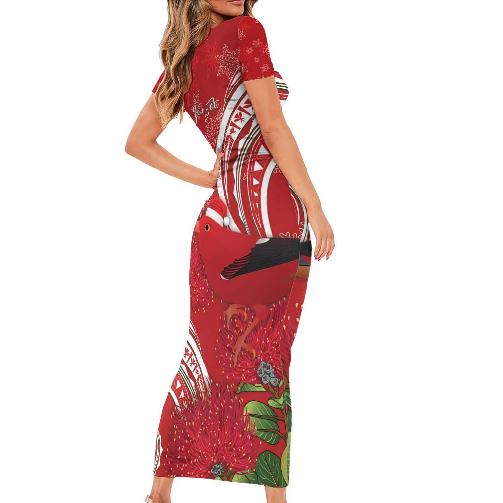 Personalized Mele Kalikimaka Hawaii Family Matching Short Sleeve Bodycon Dress and Hawaiian Shirt I'iwi Bird With Ohia Lehua - Red Color LT14 - Polynesian Pride
