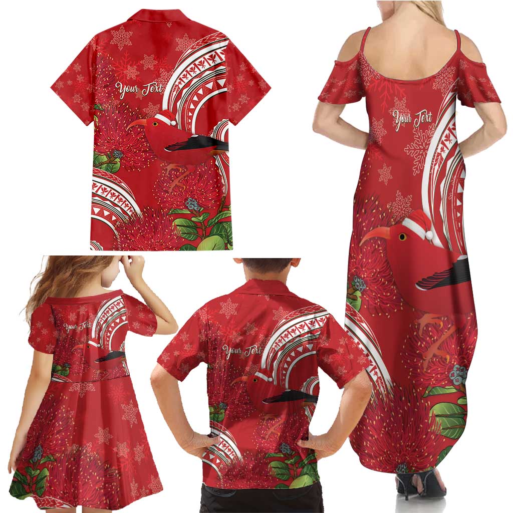 Personalized Mele Kalikimaka Hawaii Family Matching Summer Maxi Dress and Hawaiian Shirt I'iwi Bird With Ohia Lehua - Red Color LT14 - Polynesian Pride