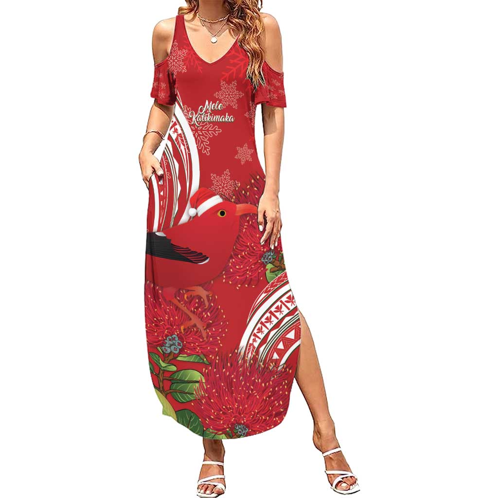 Personalized Mele Kalikimaka Hawaii Family Matching Summer Maxi Dress and Hawaiian Shirt I'iwi Bird With Ohia Lehua - Red Color LT14 Mom's Dress Red - Polynesian Pride