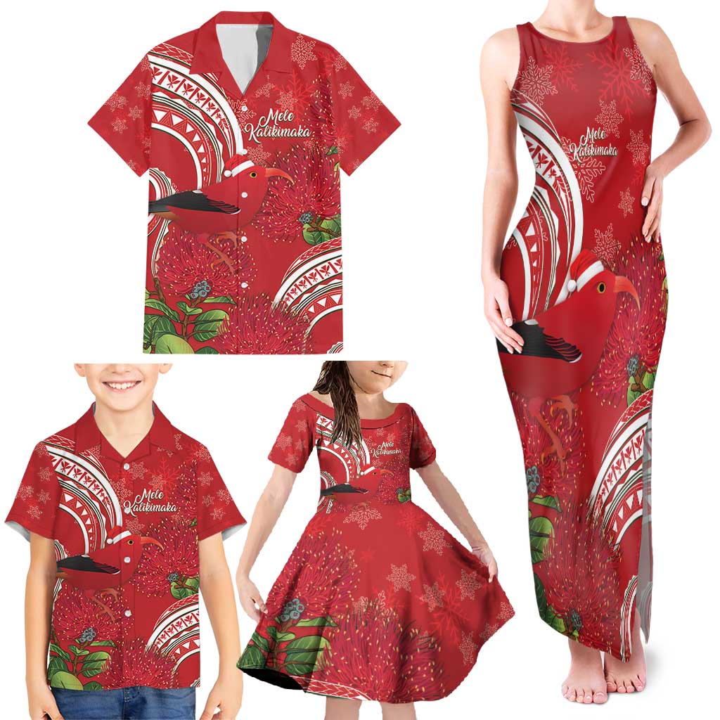 Personalized Mele Kalikimaka Hawaii Family Matching Tank Maxi Dress and Hawaiian Shirt I'iwi Bird With Ohia Lehua - Red Color LT14 - Polynesian Pride