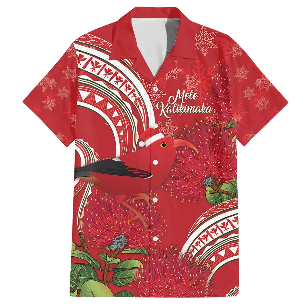 Personalized Mele Kalikimaka Hawaii Family Matching Tank Maxi Dress and Hawaiian Shirt I'iwi Bird With Ohia Lehua - Red Color LT14 Dad's Shirt - Short Sleeve Red - Polynesian Pride