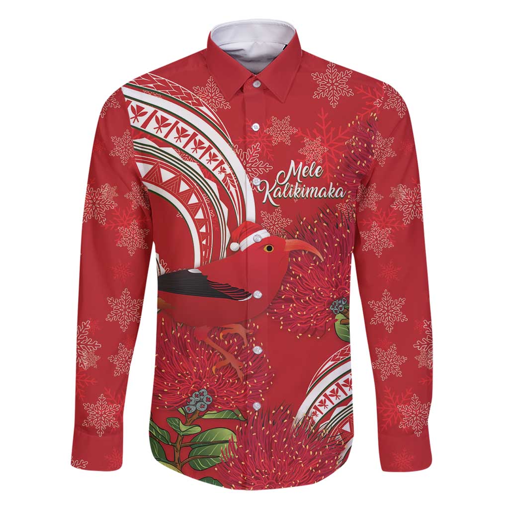 Personalized Mele Kalikimaka Hawaii Family Matching Tank Maxi Dress and Hawaiian Shirt I'iwi Bird With Ohia Lehua - Red Color LT14 Dad's Shirt - Long Sleeve Red - Polynesian Pride