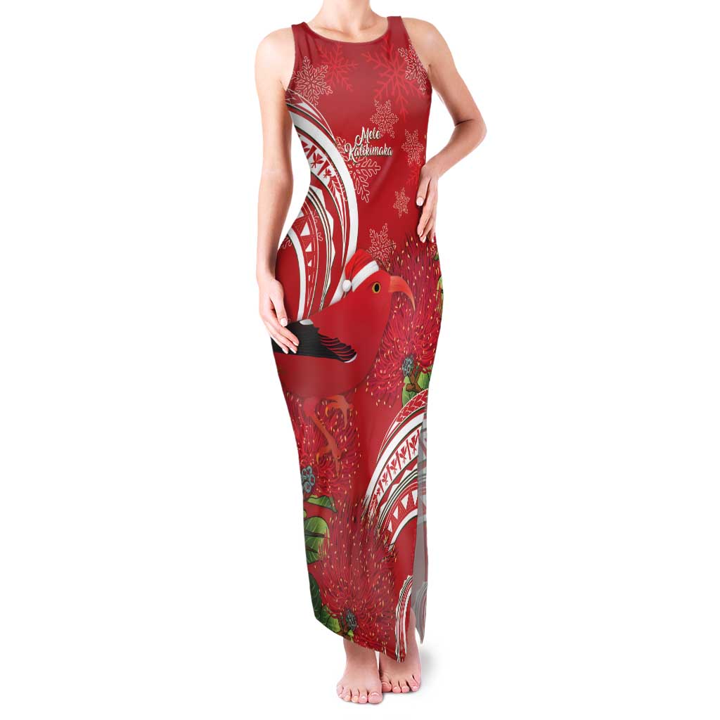 Personalized Mele Kalikimaka Hawaii Family Matching Tank Maxi Dress and Hawaiian Shirt I'iwi Bird With Ohia Lehua - Red Color LT14 Mom's Dress Red - Polynesian Pride