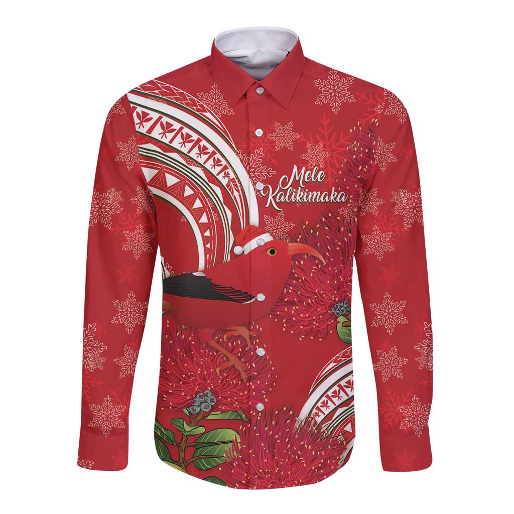 Personalized Mele Kalikimaka Hawaii Long Sleeve Button Shirt I'iwi Bird With Ohia Lehua - Red Color LT14 Unisex Red - Polynesian Pride