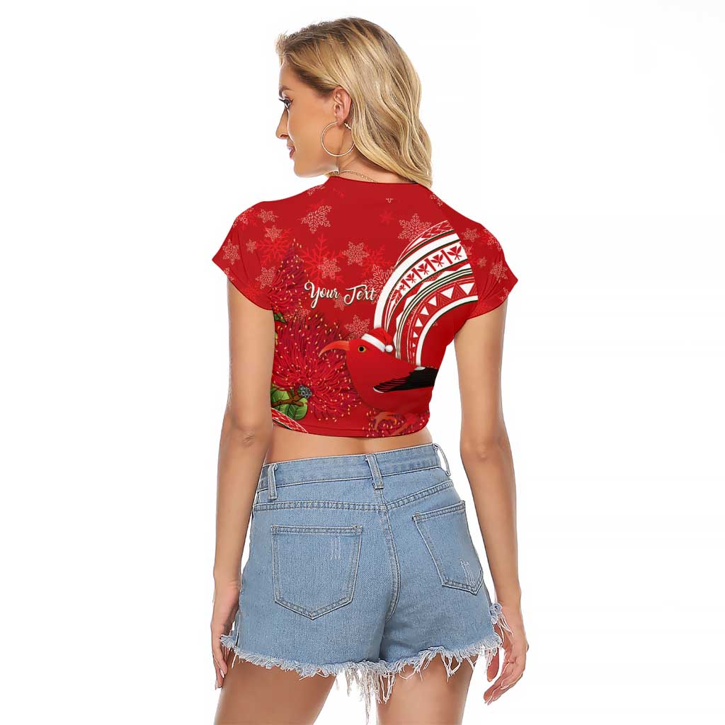 Personalized Mele Kalikimaka Hawaii Raglan Cropped T Shirt I'iwi Bird With Ohia Lehua - Red Color