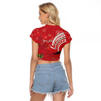 Personalized Mele Kalikimaka Hawaii Raglan Cropped T Shirt I'iwi Bird With Ohia Lehua - Red Color