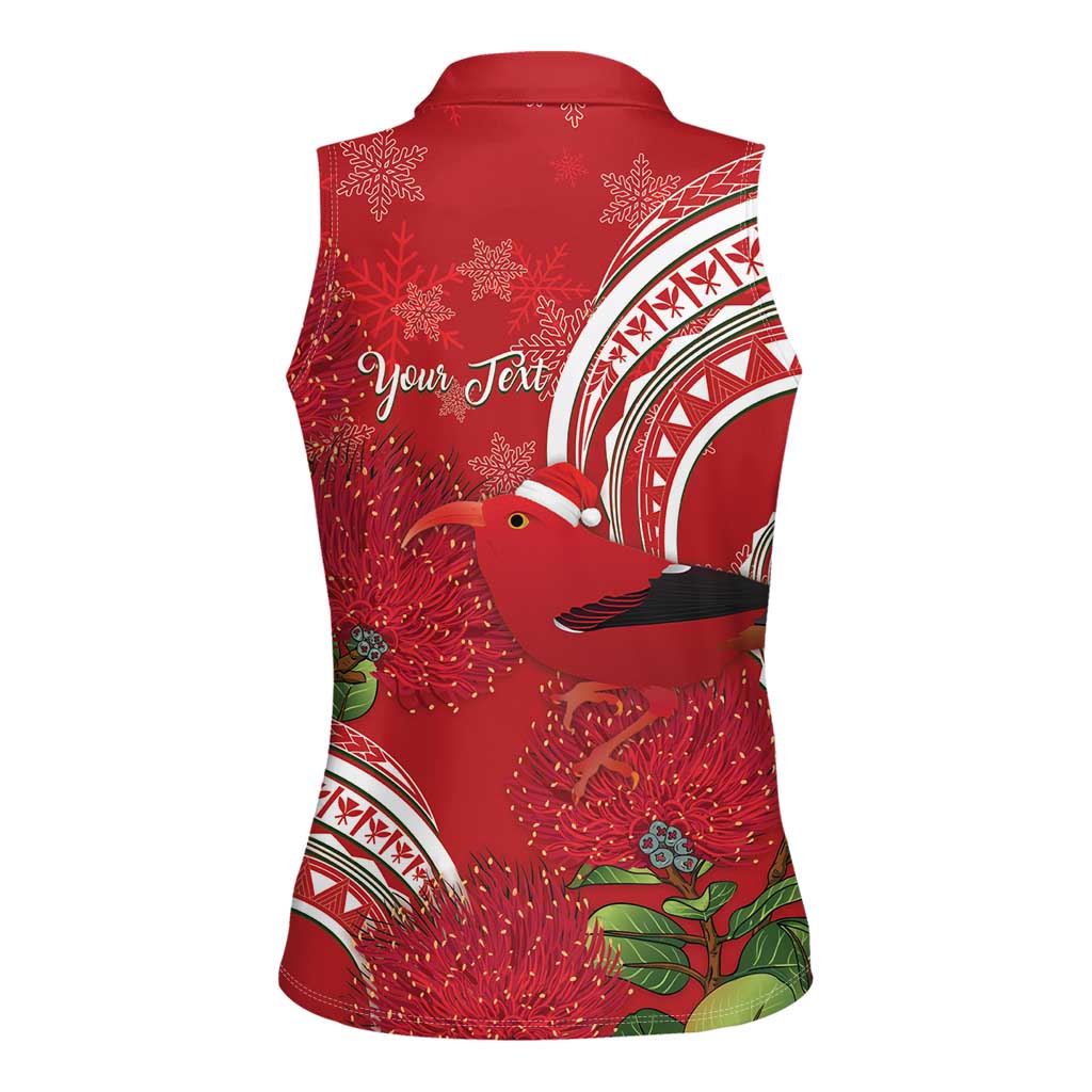 Personalized Mele Kalikimaka Hawaii Women Sleeveless Polo Shirt I'iwi Bird With Ohia Lehua - Red Color