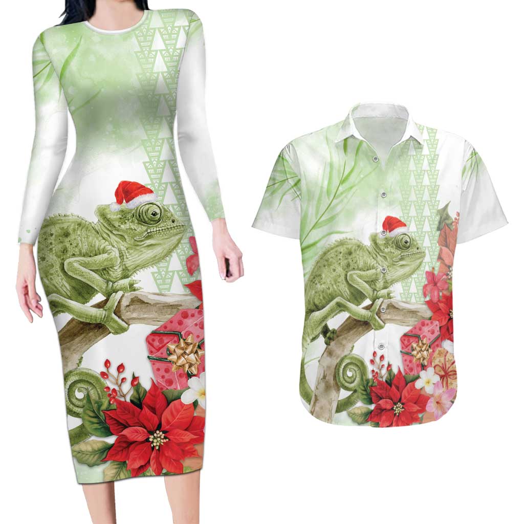 Pastel Green Hawaii Chameleon Christmas Couples Matching Long Sleeve Bodycon Dress and Hawaiian Shirt Mele Kalikimaka Kakau - Watercolor LT14 Green - Polynesian Pride