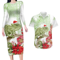 Pastel Green Hawaii Chameleon Christmas Couples Matching Long Sleeve Bodycon Dress and Hawaiian Shirt Mele Kalikimaka Kakau - Watercolor LT14 Green - Polynesian Pride