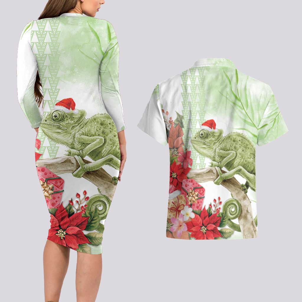 Pastel Green Hawaii Chameleon Christmas Couples Matching Long Sleeve Bodycon Dress and Hawaiian Shirt Mele Kalikimaka Kakau - Watercolor LT14 - Polynesian Pride