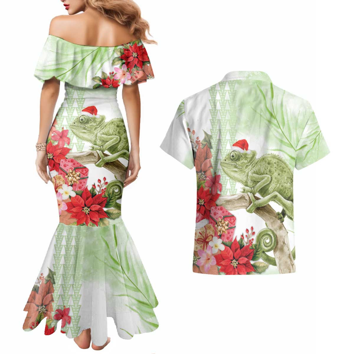 Pastel Green Hawaii Chameleon Christmas Couples Matching Mermaid Dress and Hawaiian Shirt Mele Kalikimaka Kakau - Watercolor LT14 - Polynesian Pride