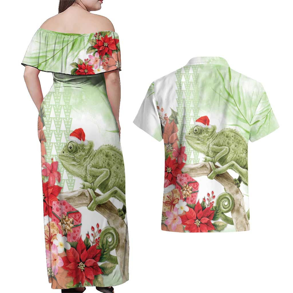 Pastel Green Hawaii Chameleon Christmas Couples Matching Off Shoulder Maxi Dress and Hawaiian Shirt Mele Kalikimaka Kakau - Watercolor LT14 - Polynesian Pride