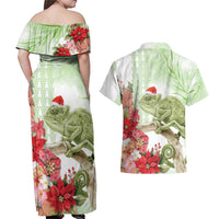 Pastel Green Hawaii Chameleon Christmas Couples Matching Off Shoulder Maxi Dress and Hawaiian Shirt Mele Kalikimaka Kakau - Watercolor LT14 - Polynesian Pride