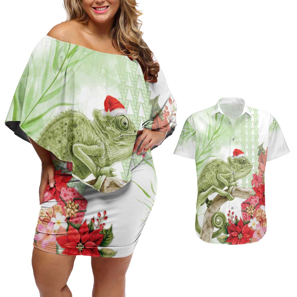Pastel Green Hawaii Chameleon Christmas Couples Matching Off Shoulder Short Dress and Hawaiian Shirt Mele Kalikimaka Kakau - Watercolor LT14 Green - Polynesian Pride