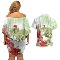 Pastel Green Hawaii Chameleon Christmas Couples Matching Off Shoulder Short Dress and Hawaiian Shirt Mele Kalikimaka Kakau - Watercolor LT14 - Polynesian Pride
