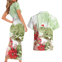 Pastel Green Hawaii Chameleon Christmas Couples Matching Short Sleeve Bodycon Dress and Hawaiian Shirt Mele Kalikimaka Kakau - Watercolor LT14 - Polynesian Pride