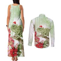 Pastel Green Hawaii Chameleon Christmas Couples Matching Tank Maxi Dress and Long Sleeve Button Shirt Mele Kalikimaka Kakau - Watercolor