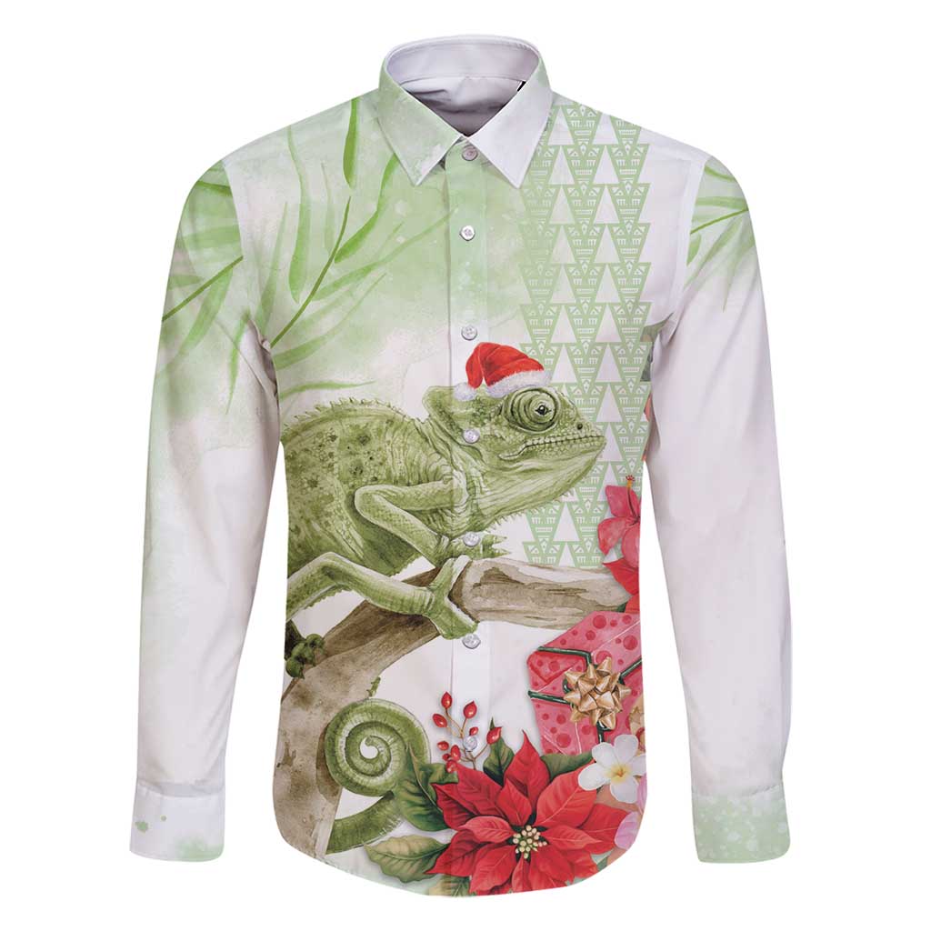 Pastel Green Hawaii Chameleon Christmas Family Matching Long Sleeve Bodycon Dress and Hawaiian Shirt Mele Kalikimaka Kakau - Watercolor LT14 Dad's Shirt - Long Sleeve Green - Polynesian Pride