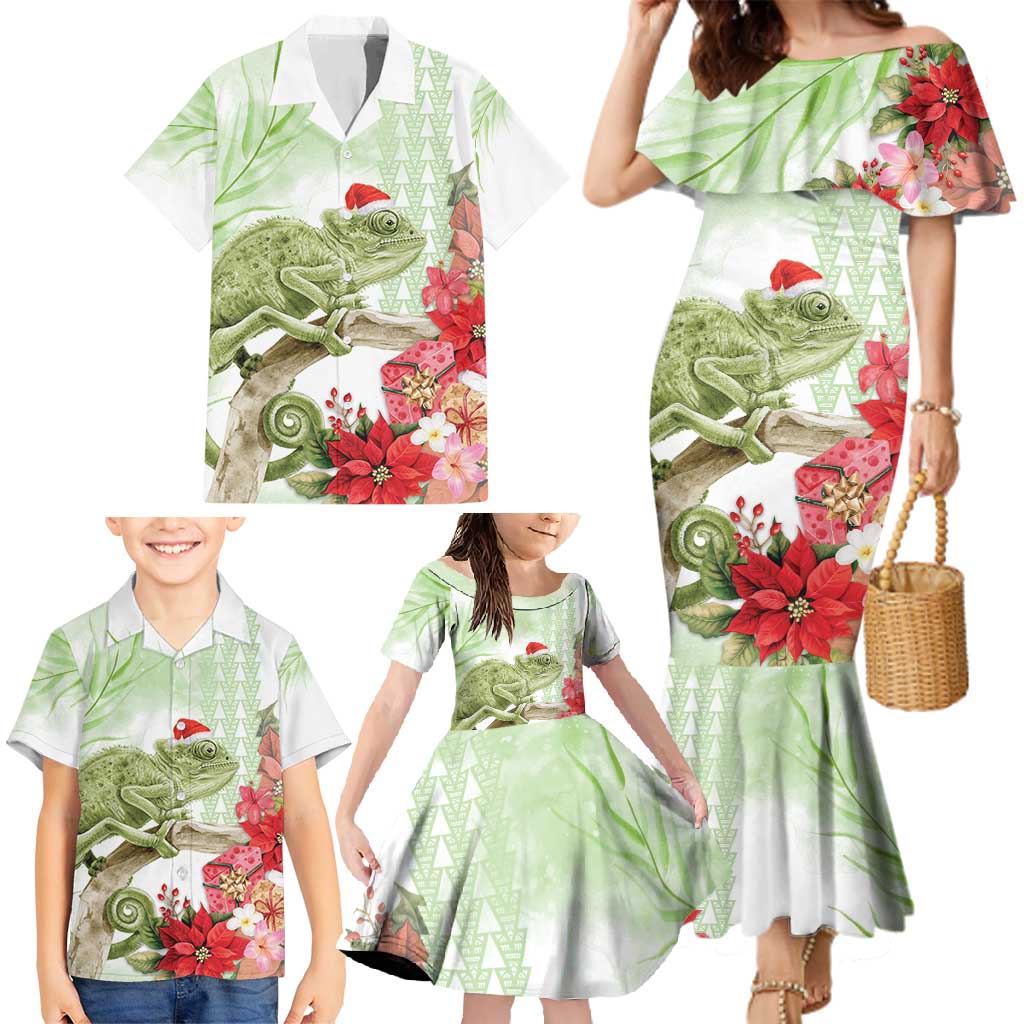 Pastel Green Hawaii Chameleon Christmas Family Matching Mermaid Dress and Hawaiian Shirt Mele Kalikimaka Kakau - Watercolor LT14 - Polynesian Pride
