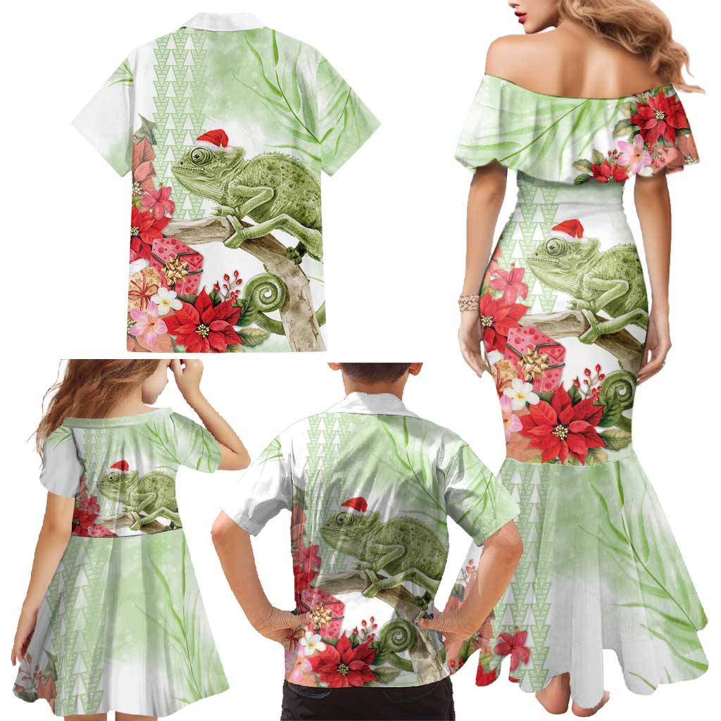 Pastel Green Hawaii Chameleon Christmas Family Matching Mermaid Dress and Hawaiian Shirt Mele Kalikimaka Kakau - Watercolor LT14 - Polynesian Pride