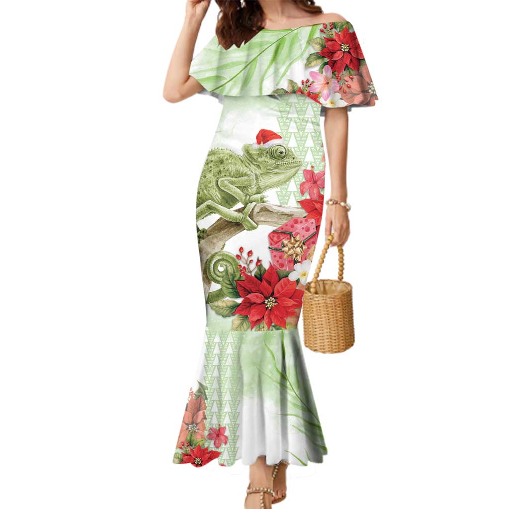 Pastel Green Hawaii Chameleon Christmas Family Matching Mermaid Dress and Hawaiian Shirt Mele Kalikimaka Kakau - Watercolor LT14 Mom's Dress Green - Polynesian Pride