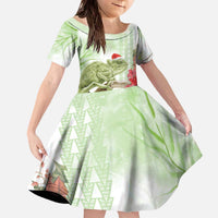 Pastel Green Hawaii Chameleon Christmas Family Matching Off The Shoulder Long Sleeve Dress and Hawaiian Shirt Mele Kalikimaka Kakau - Watercolor LT14 Daughter's Dress Green - Polynesian Pride