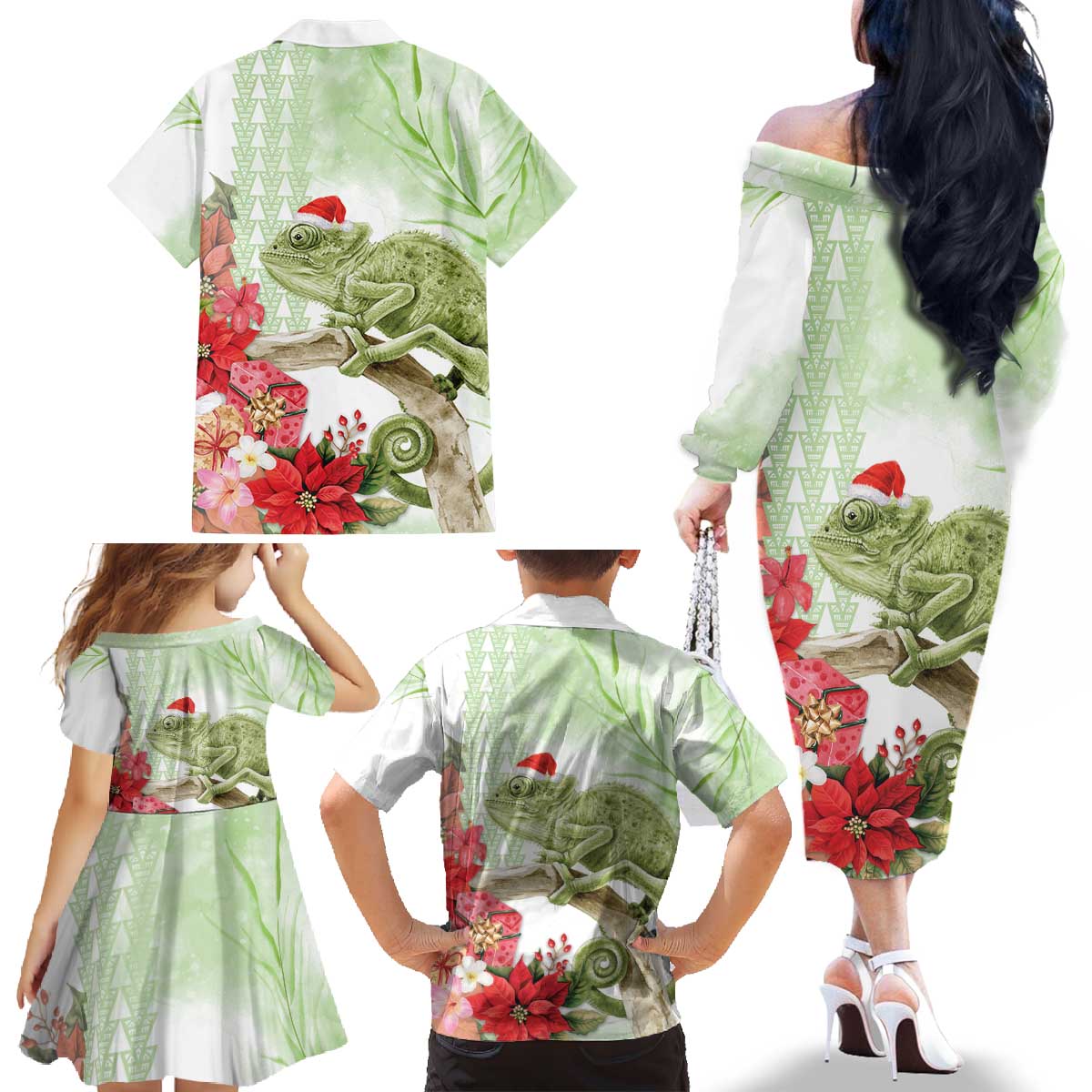 Pastel Green Hawaii Chameleon Christmas Family Matching Off The Shoulder Long Sleeve Dress and Hawaiian Shirt Mele Kalikimaka Kakau - Watercolor LT14 - Polynesian Pride