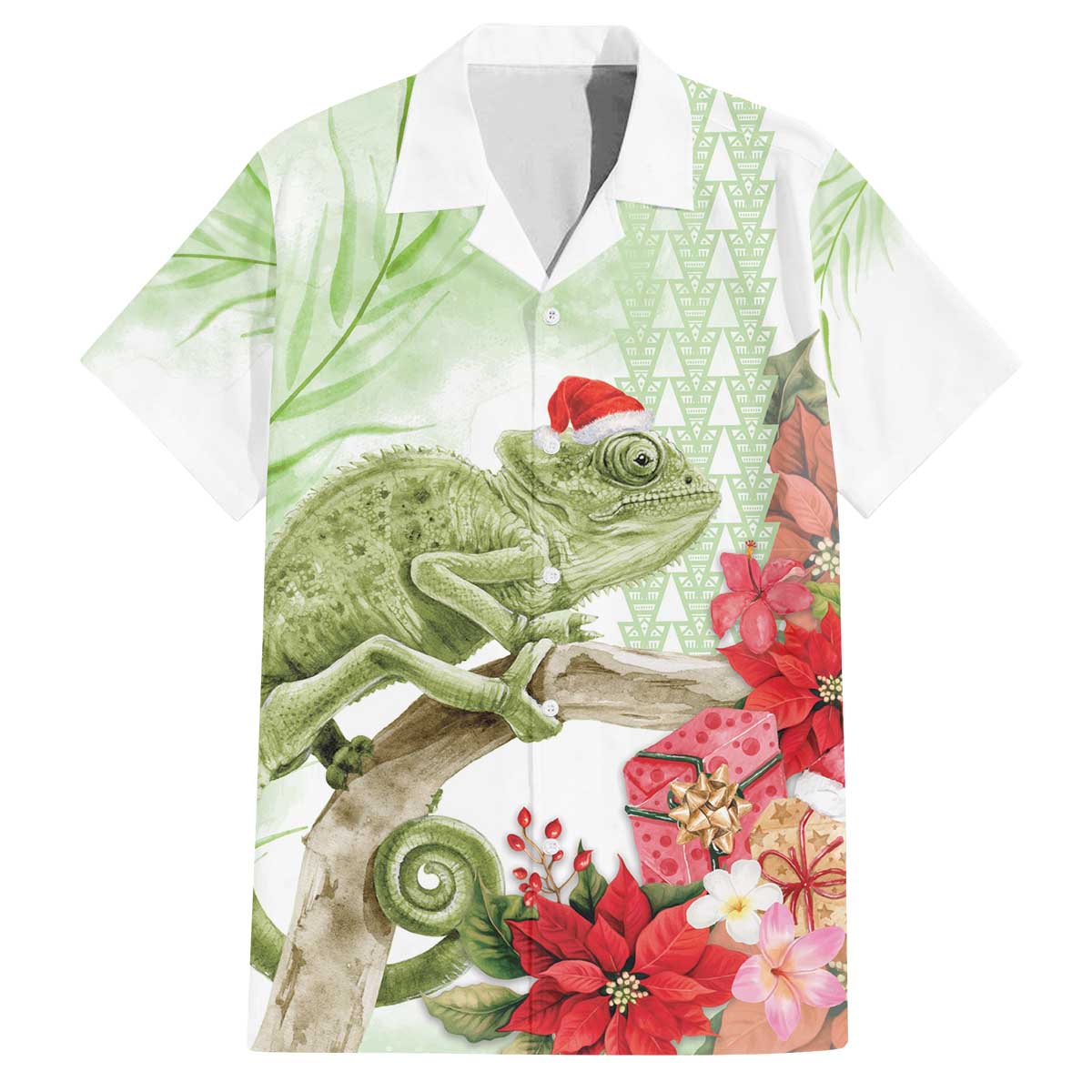 Pastel Green Hawaii Chameleon Christmas Family Matching Off The Shoulder Long Sleeve Dress and Hawaiian Shirt Mele Kalikimaka Kakau - Watercolor LT14 Dad's Shirt - Short Sleeve Green - Polynesian Pride