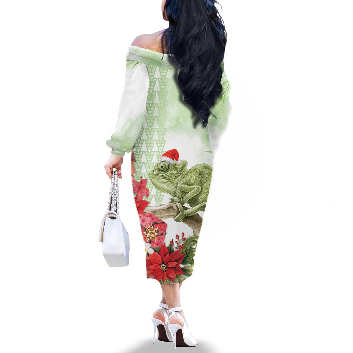 Pastel Green Hawaii Chameleon Christmas Family Matching Off The Shoulder Long Sleeve Dress and Hawaiian Shirt Mele Kalikimaka Kakau - Watercolor LT14 - Polynesian Pride