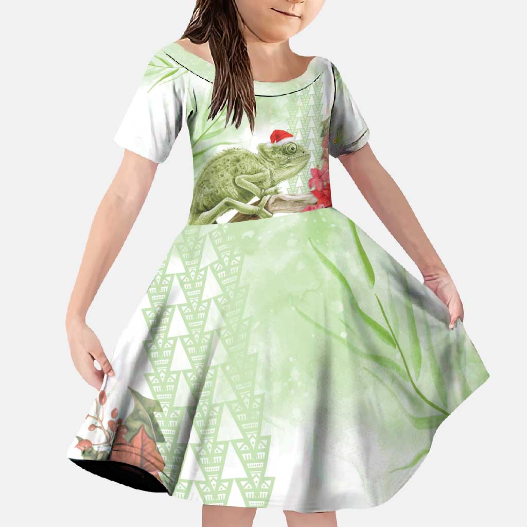 Pastel Green Hawaii Chameleon Christmas Family Matching Off Shoulder Maxi Dress and Hawaiian Shirt Mele Kalikimaka Kakau - Watercolor LT14 Daughter's Dress Green - Polynesian Pride