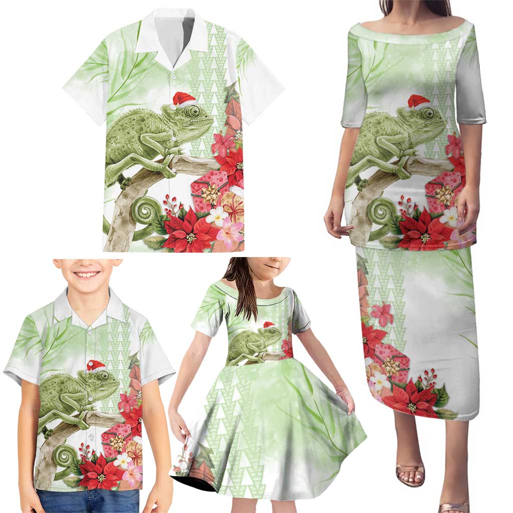 Pastel Green Hawaii Chameleon Christmas Family Matching Puletasi and Hawaiian Shirt Mele Kalikimaka Kakau - Watercolor LT14 - Polynesian Pride