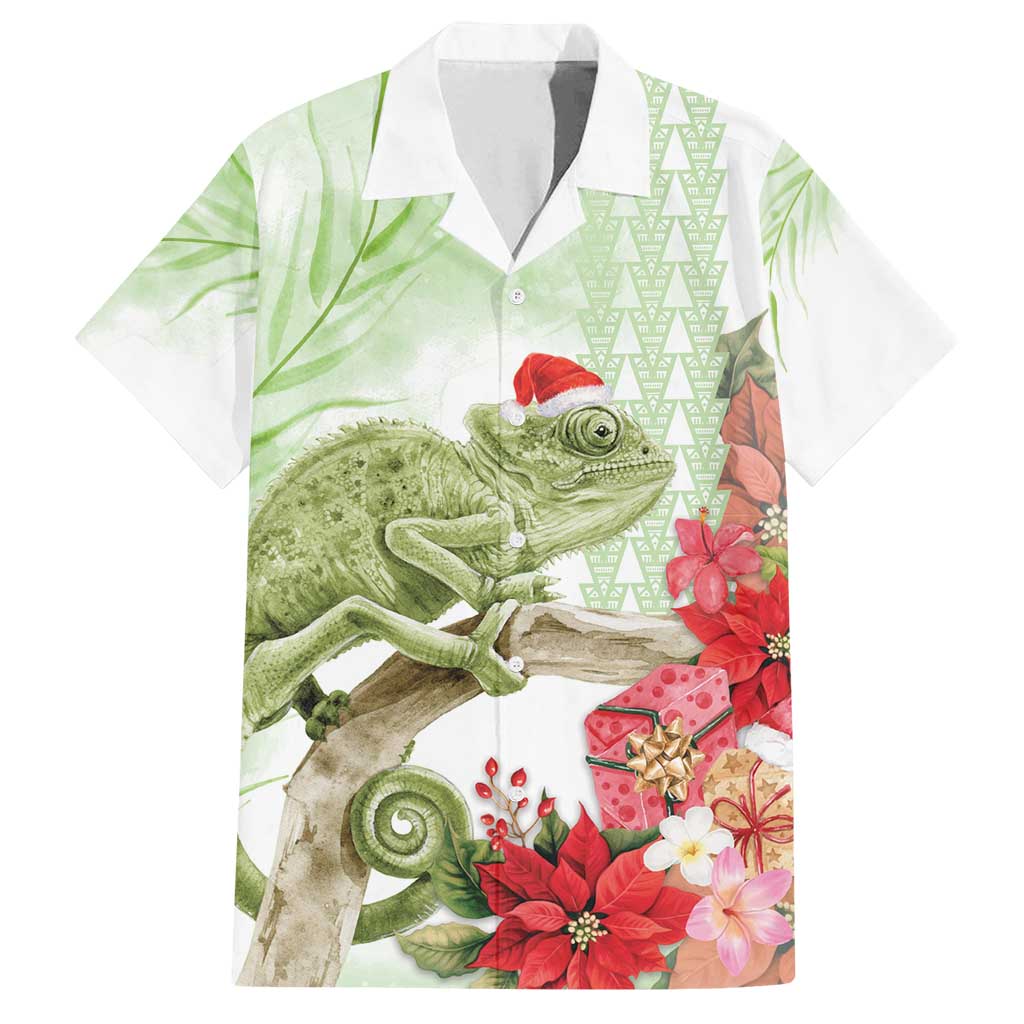 Pastel Green Hawaii Chameleon Christmas Family Matching Puletasi and Hawaiian Shirt Mele Kalikimaka Kakau - Watercolor LT14 Dad's Shirt - Short Sleeve Green - Polynesian Pride
