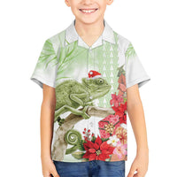 Pastel Green Hawaii Chameleon Christmas Family Matching Puletasi and Hawaiian Shirt Mele Kalikimaka Kakau - Watercolor LT14 Son's Shirt Green - Polynesian Pride