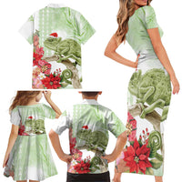 Pastel Green Hawaii Chameleon Christmas Family Matching Short Sleeve Bodycon Dress and Hawaiian Shirt Mele Kalikimaka Kakau - Watercolor LT14 - Polynesian Pride