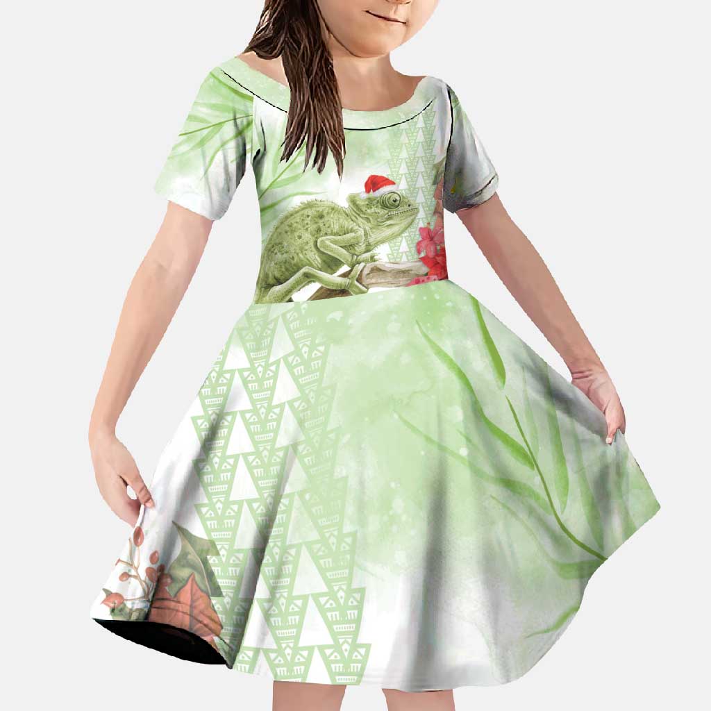 Pastel Green Hawaii Chameleon Christmas Family Matching Summer Maxi Dress and Hawaiian Shirt Mele Kalikimaka Kakau - Watercolor LT14 Daughter's Dress Green - Polynesian Pride