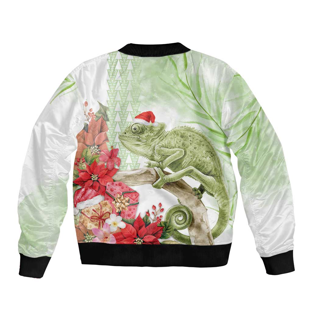 Pastel Green Hawaii Chameleon Christmas Sleeve Zip Bomber Jacket Mele Kalikimaka Kakau - Watercolor