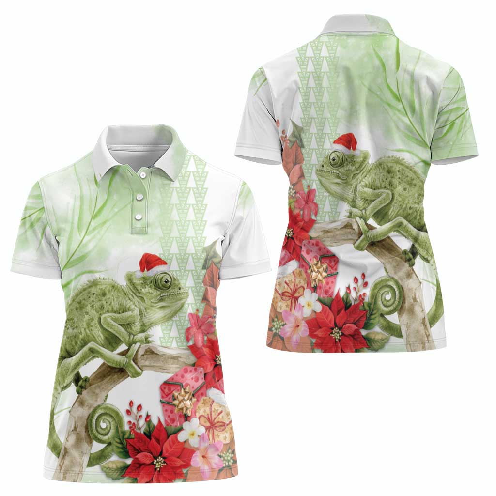Pastel Green Hawaii Chameleon Christmas Women Polo Shirt Mele Kalikimaka Kakau - Watercolor LT14 - Polynesian Pride