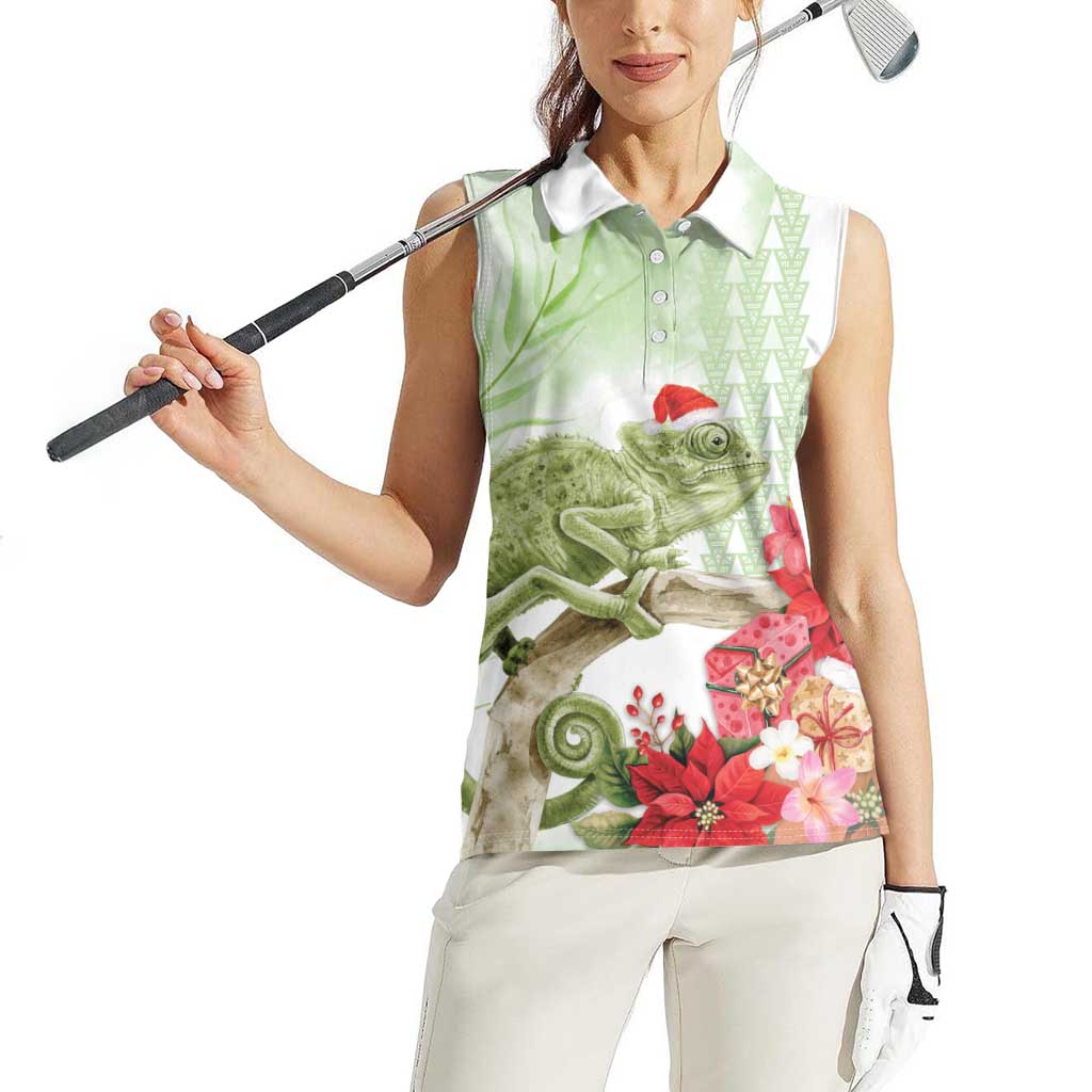 Pastel Green Hawaii Chameleon Christmas Women Sleeveless Polo Shirt Mele Kalikimaka Kakau - Watercolor LT14 - Polynesian Pride