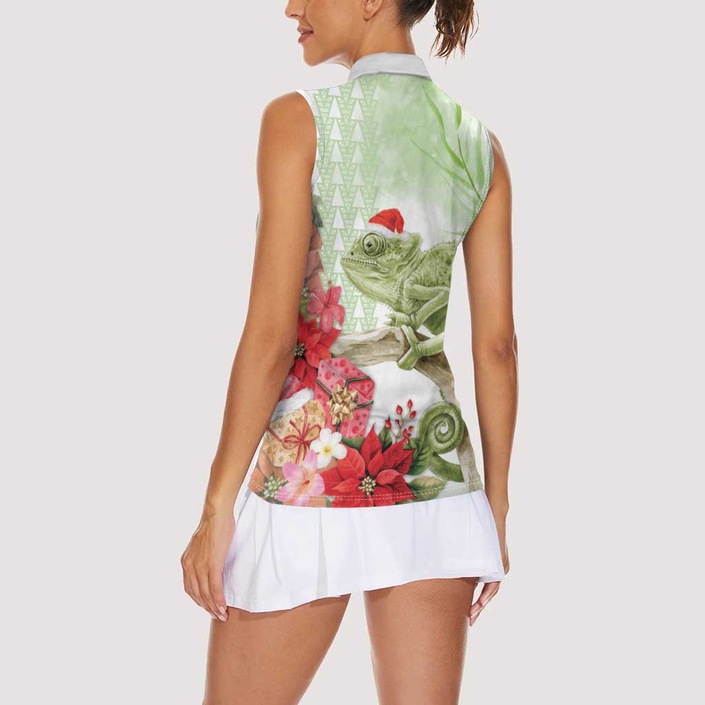 Pastel Green Hawaii Chameleon Christmas Women Sleeveless Polo Shirt Mele Kalikimaka Kakau - Watercolor LT14 - Polynesian Pride