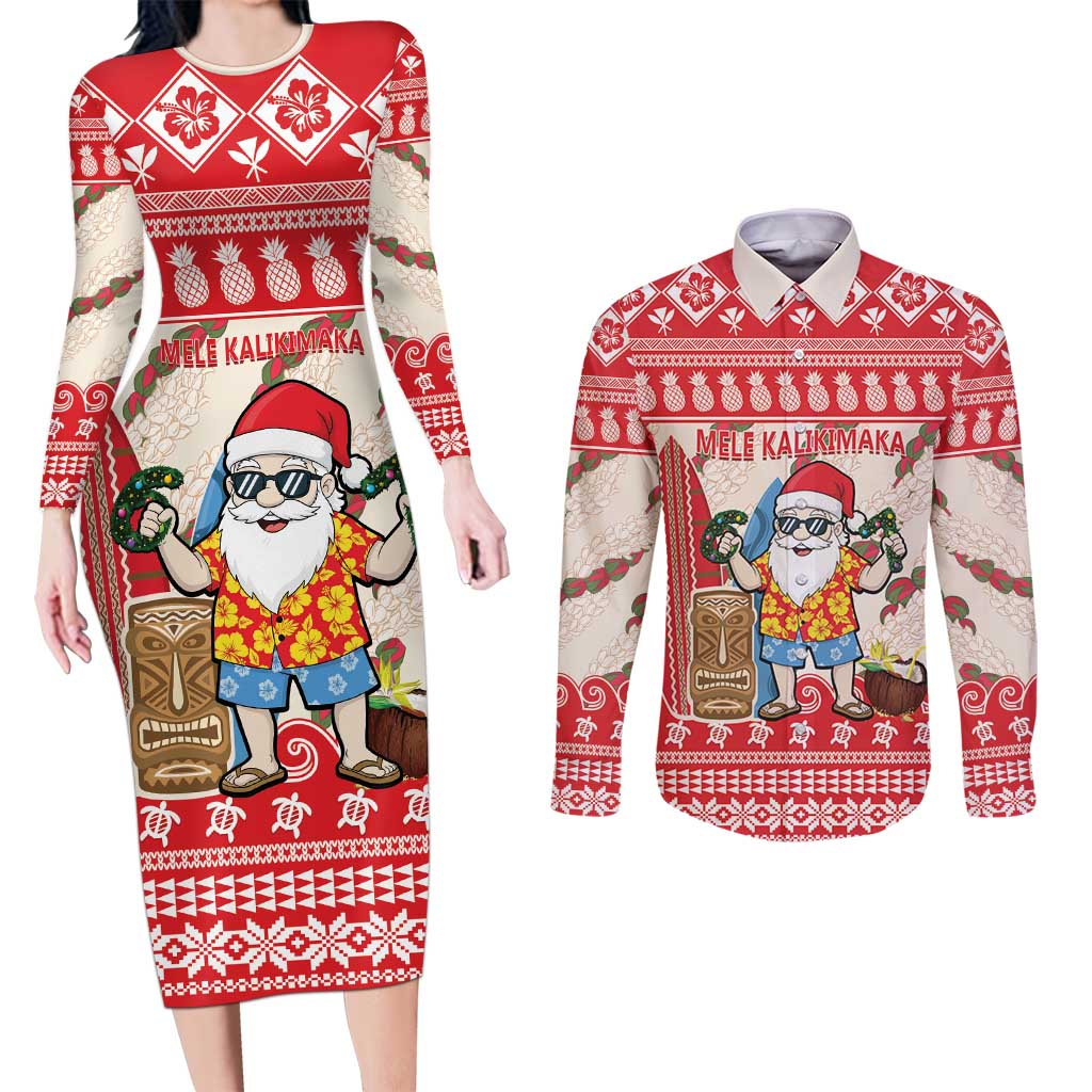 Hawaii Christmas Six Seven Couples Matching Long Sleeve Bodycon Dress and Long Sleeve Button Shirt Mele Kalikimaka Funny Santa 67 Gen Alpha Slang LT14 Red - Polynesian Pride