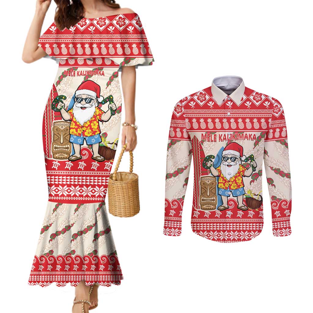 Hawaii Christmas Six Seven Couples Matching Mermaid Dress and Long Sleeve Button Shirt Mele Kalikimaka Funny Santa 67 Gen Alpha Slang LT14 Red - Polynesian Pride