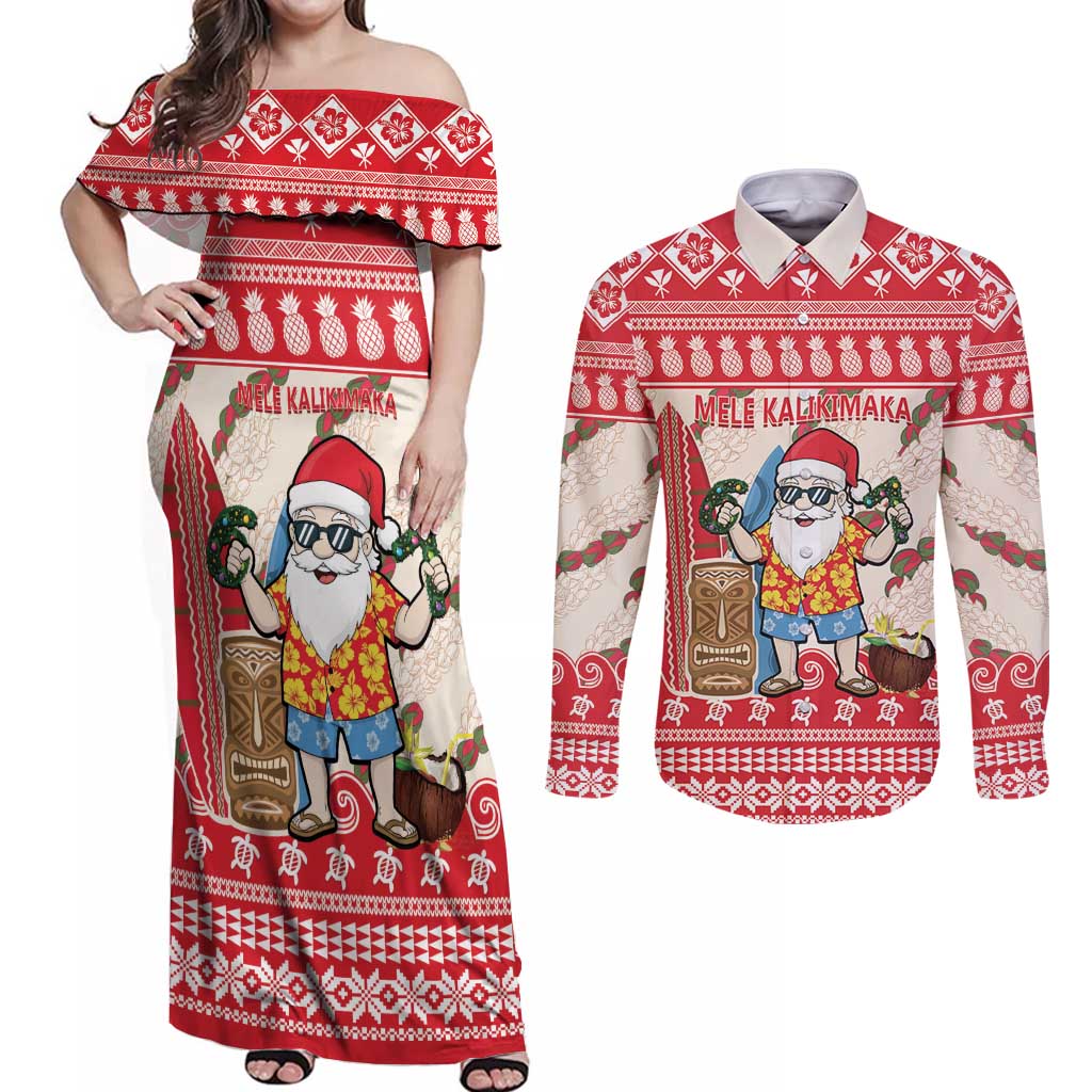 Hawaii Christmas Six Seven Couples Matching Off Shoulder Maxi Dress and Long Sleeve Button Shirt Mele Kalikimaka Funny Santa 67 Gen Alpha Slang LT14 Red - Polynesian Pride