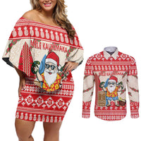 Hawaii Christmas Six Seven Couples Matching Off Shoulder Short Dress and Long Sleeve Button Shirt Mele Kalikimaka Funny Santa 67 Gen Alpha Slang LT14 Red - Polynesian Pride