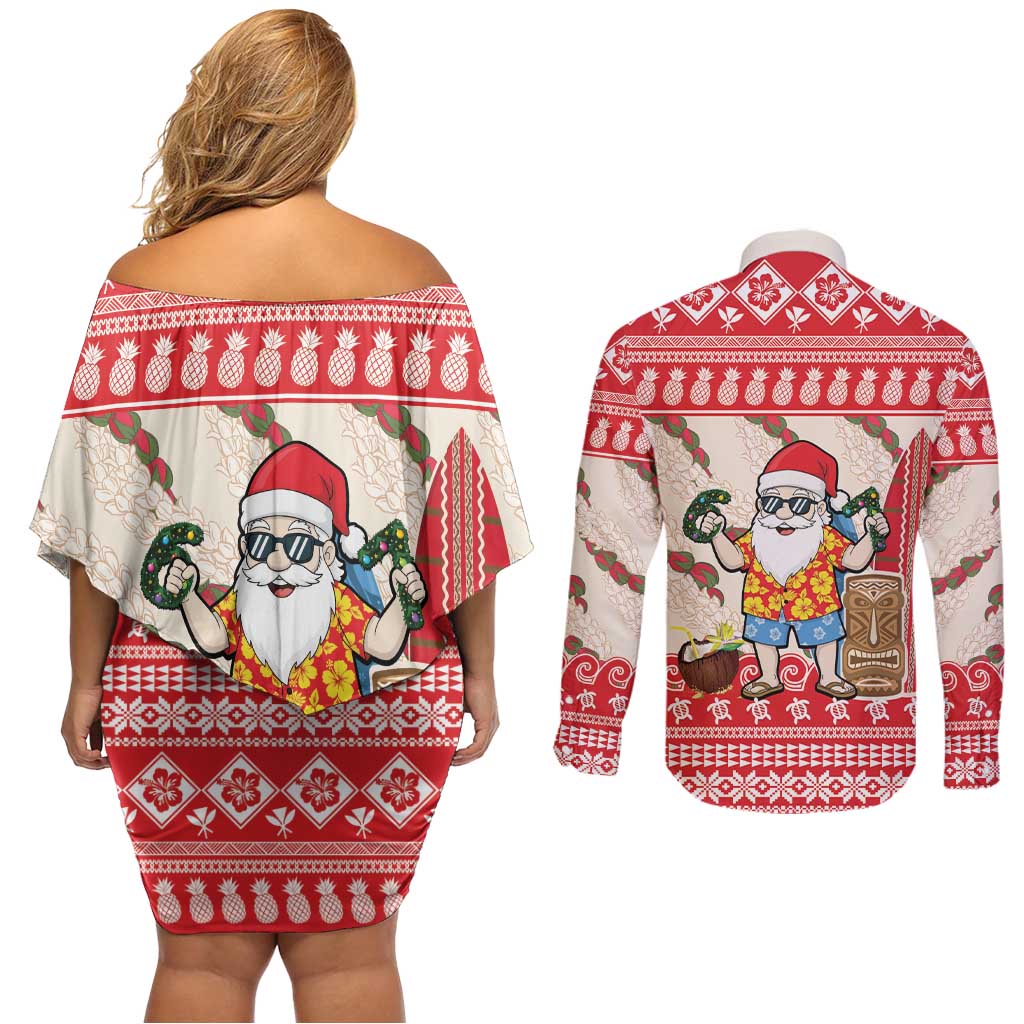 Hawaii Christmas Six Seven Couples Matching Off Shoulder Short Dress and Long Sleeve Button Shirt Mele Kalikimaka Funny Santa 67 Gen Alpha Slang LT14 - Polynesian Pride