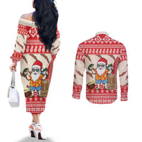 Hawaii Christmas Six Seven Couples Matching Off The Shoulder Long Sleeve Dress and Long Sleeve Button Shirt Mele Kalikimaka Funny Santa 67 Gen Alpha Slang LT14 - Polynesian Pride