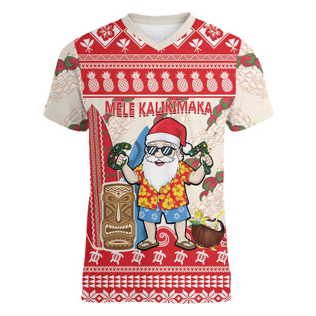 Hawaii Christmas Six Seven Women V-Neck T-Shirt Mele Kalikimaka Funny Santa 67 Gen Alpha Slang LT14 Female Red - Polynesian Pride