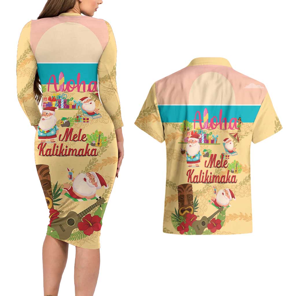 Aloha Hawaii Mele Kalikimaka Couples Matching Long Sleeve Bodycon Dress and Hawaiian Shirt Beachy Funny Santa Hawaiian Lei LT14 - Polynesian Pride